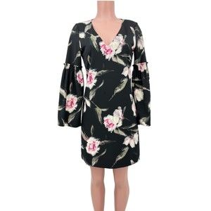 White House Black Market Dress Size 2 Floral Shift Bell Sleeve Black Rose